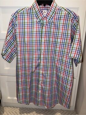 Peter Millar Short Sleeve 100% Cotton Button Up Button Down Plaid Shirt Large